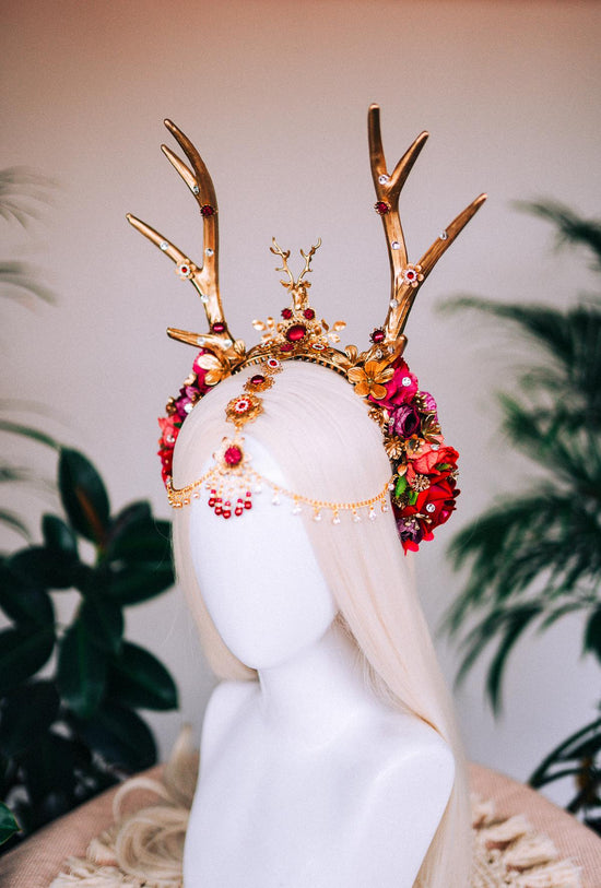 Burgundy deer flower crown, Flower crown with antlers, Gold boho crown, Deer costume Halloween, Reindeer crown, Fairy crown, Elf tiara