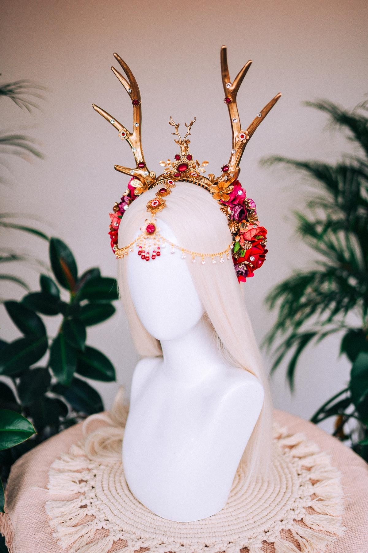 Burgundy deer flower crown, Flower crown with antlers, Gold boho crown, Deer costume Halloween, Reindeer crown, Fairy crown, Elf tiara