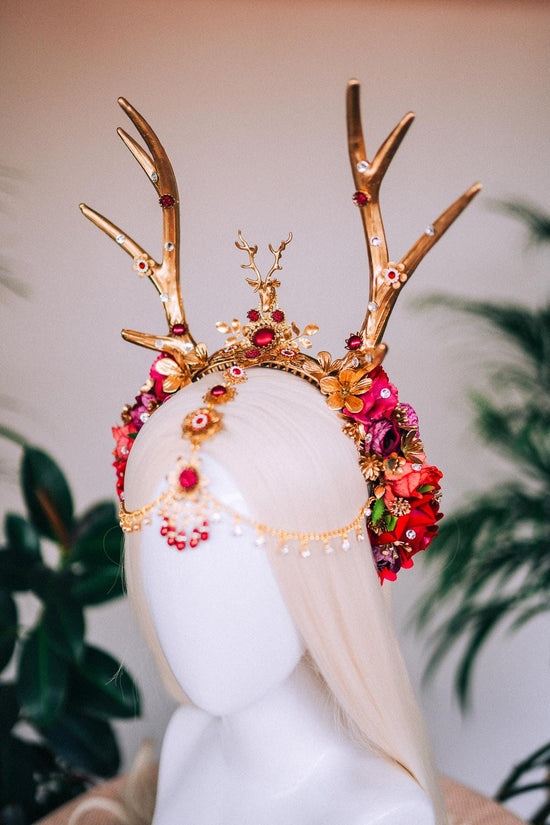 Burgundy deer flower crown, Flower crown with antlers, Gold boho crown, Deer costume Halloween, Reindeer crown, Fairy crown, Elf tiara