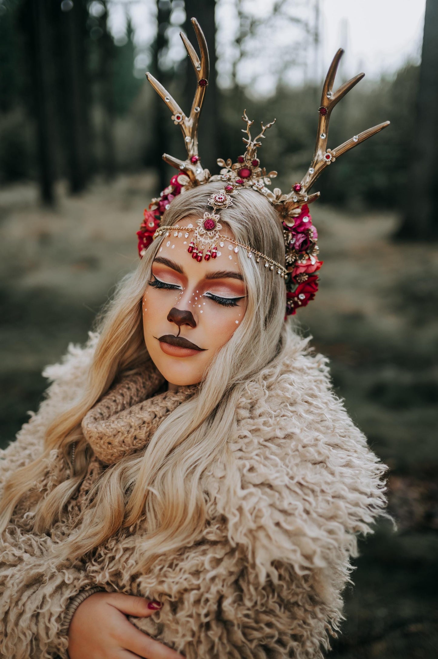 Burgundy deer flower crown, Flower crown with antlers, Gold boho crown, Deer costume Halloween, Reindeer crown, Fairy crown, Elf tiara