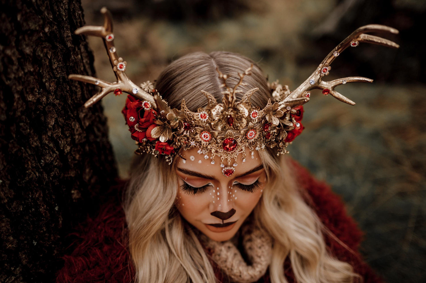 Red deer flower crown, Flower crown with antlers, Gold boho crown, Deer costume Halloween, Reindeer crown, Fairy crown, Elf tiara