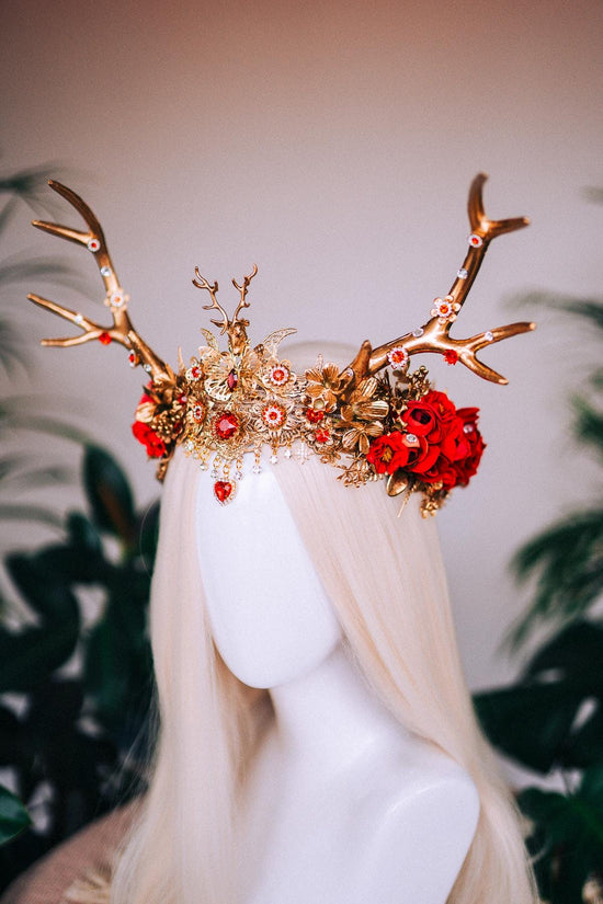 Red deer flower crown, Flower crown with antlers, Gold boho crown, Deer costume Halloween, Reindeer crown, Fairy crown, Elf tiara