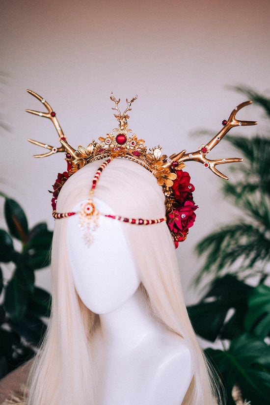 Burgundy deer flower crown, Flower crown with antlers, Gold boho crown, Deer costume Halloween, Reindeer crown, Fairy crown, Elf tiara