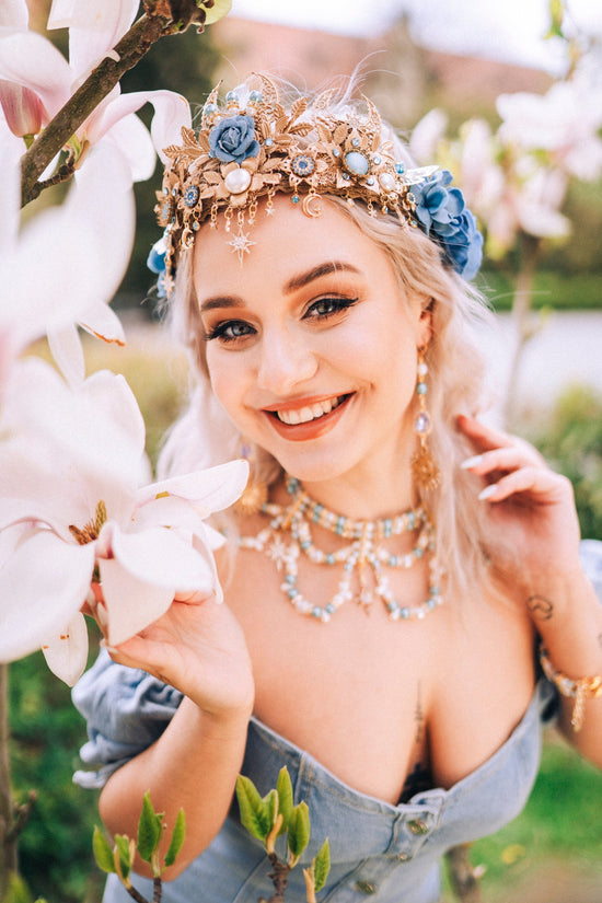 Denim flower crown Tiara Festival crown Wedding headpiece Headband Fairy crown Gold crown Bridal Crown Boho jewellery Crystal Crown Diadem