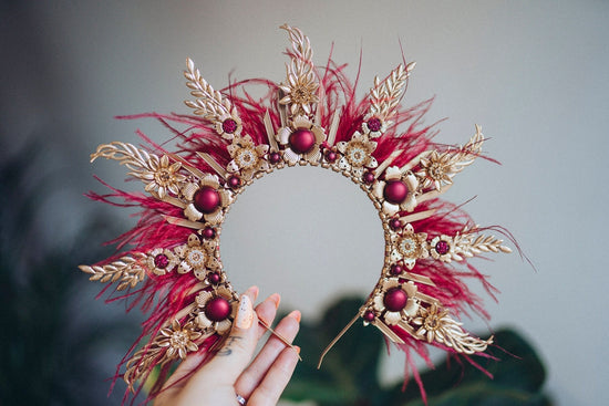 Burgundy Halo Crown, Halo Headpiece, Festival crown, Festival headpiece, Wedding Crown, Halo crown, Boho Wedding, Halo Headband, Red Halo