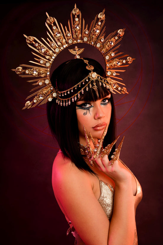 Golden Cleopatra Halo Crown, Egyptian Rhinestone Headpiece, Festival Headdress, Halloween Costume, Mardi Gras Tiara, Carnival Goddess Crown