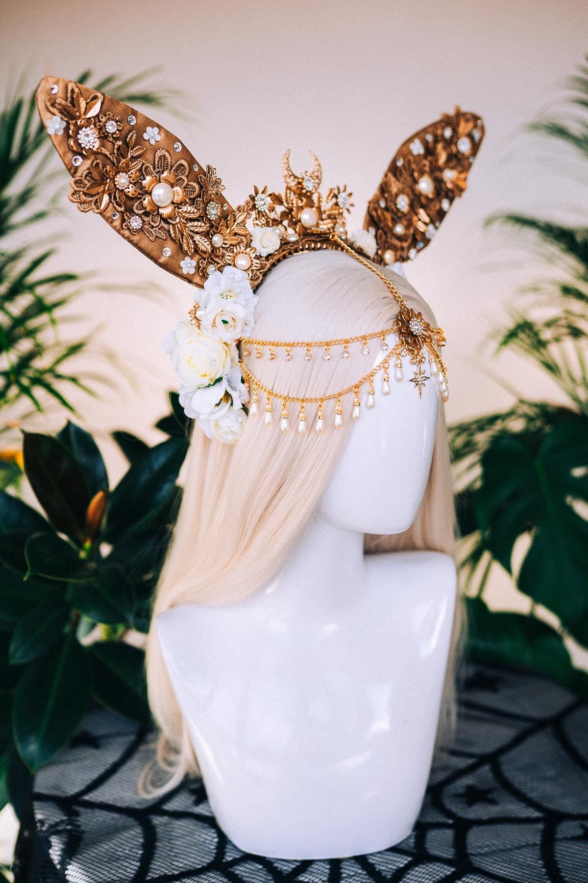 Gold bunny crown, Halloween Costume, Rabbit costume, Carnival, Mardi gras, Cosplay, Halloween, Bunny Halloween costume, Gold flower crown