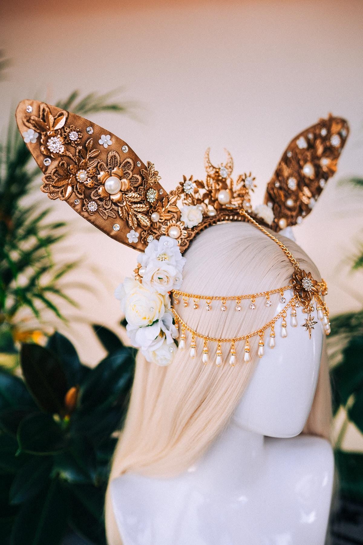 Gold bunny crown, Halloween Costume, Rabbit costume, Carnival, Mardi gras, Cosplay, Halloween, Bunny Halloween costume, Gold flower crown