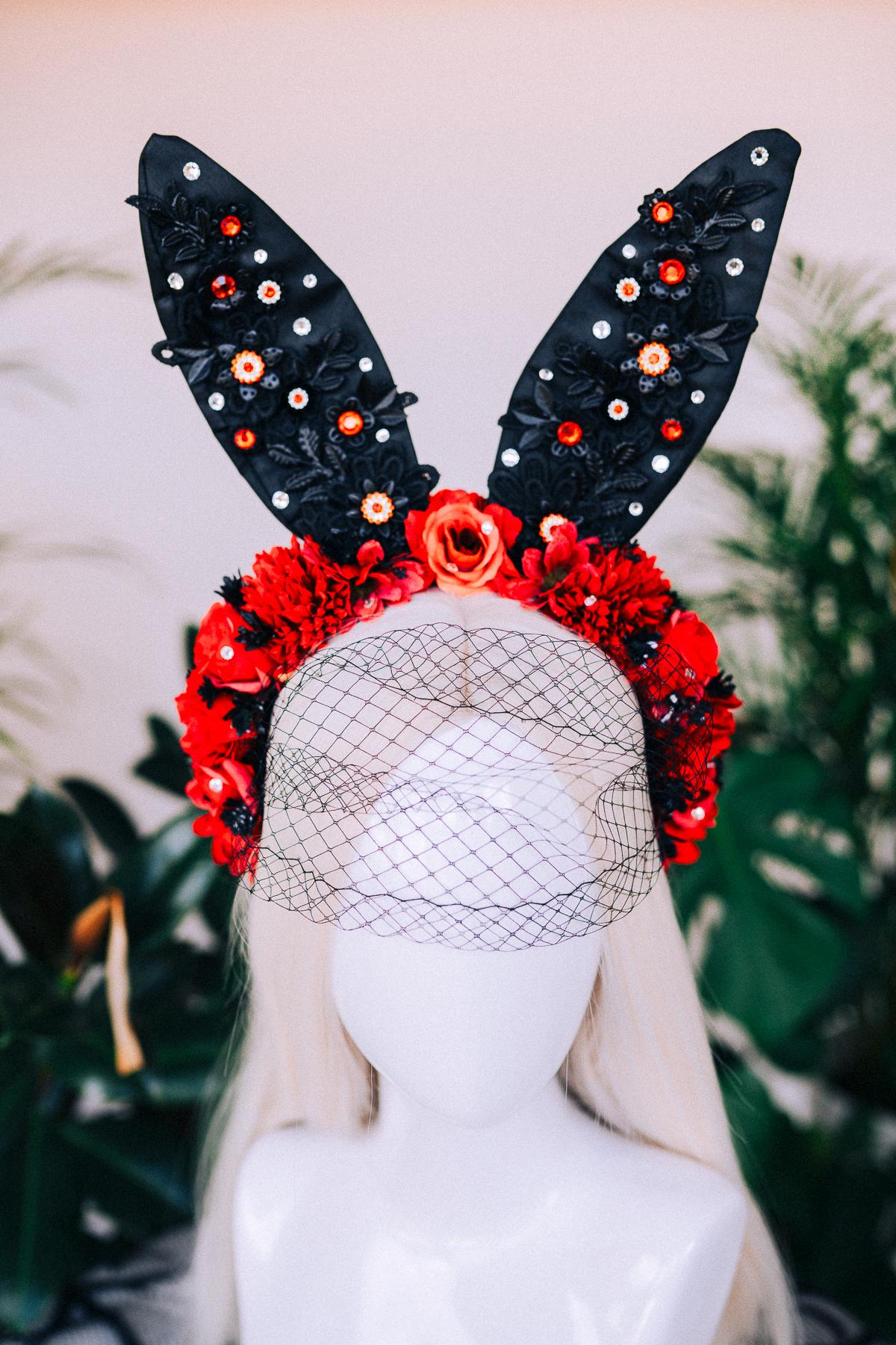 Black bunny crown, Halloween Costume, Rabbit costume, Carnival, Mardi gras, Cosplay, Halloween, Bunny Halloween costume, Red flower crown