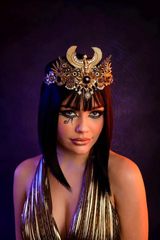 Cleopatra Tiara, Egyptian Crown, Festival Headpiece, Gold Statement Crown, Halloween Tiara, Mardi Gras Costume, Luxurious Headpiece