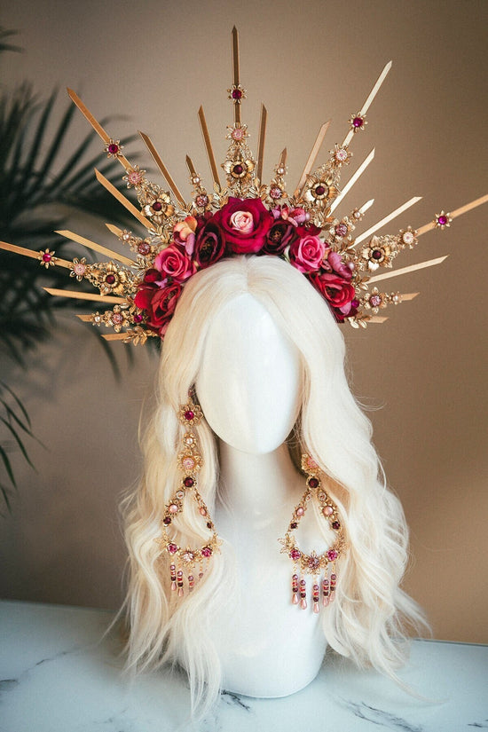 Flower halo crown, Red flower crown, Gold goddess headpiece, Wedding crown, Bridal headpiece, Gold crown, Gold halo crown