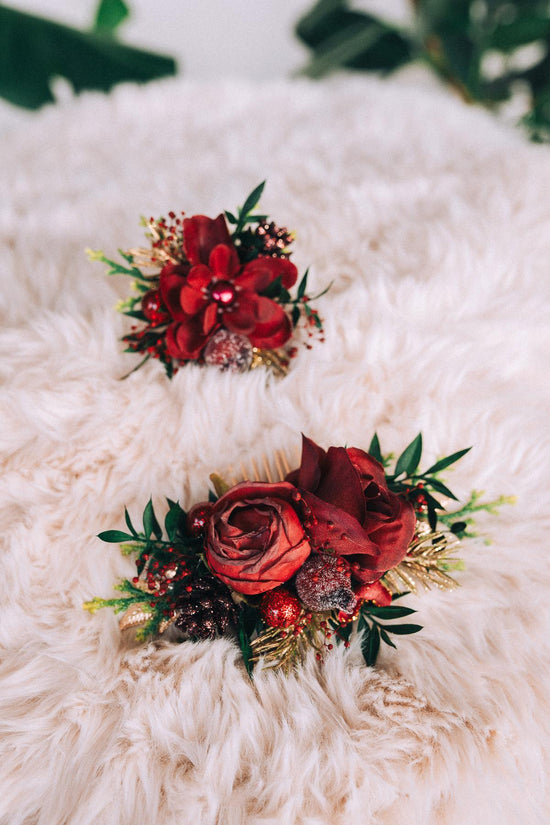 Red Christmas headband, Christmas flower crown, Flower halo crown, Merry Christmas, Gold halo crown, Christmas headpiece, Christmas crown