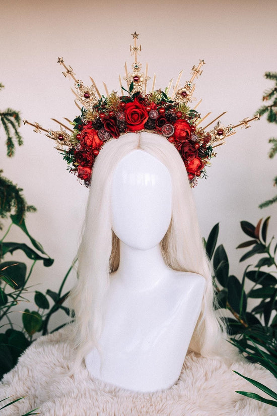 Red Christmas headband, Christmas flower crown, Flower halo crown, Merry Christmas, Gold halo crown, Christmas headpiece, Christmas crown