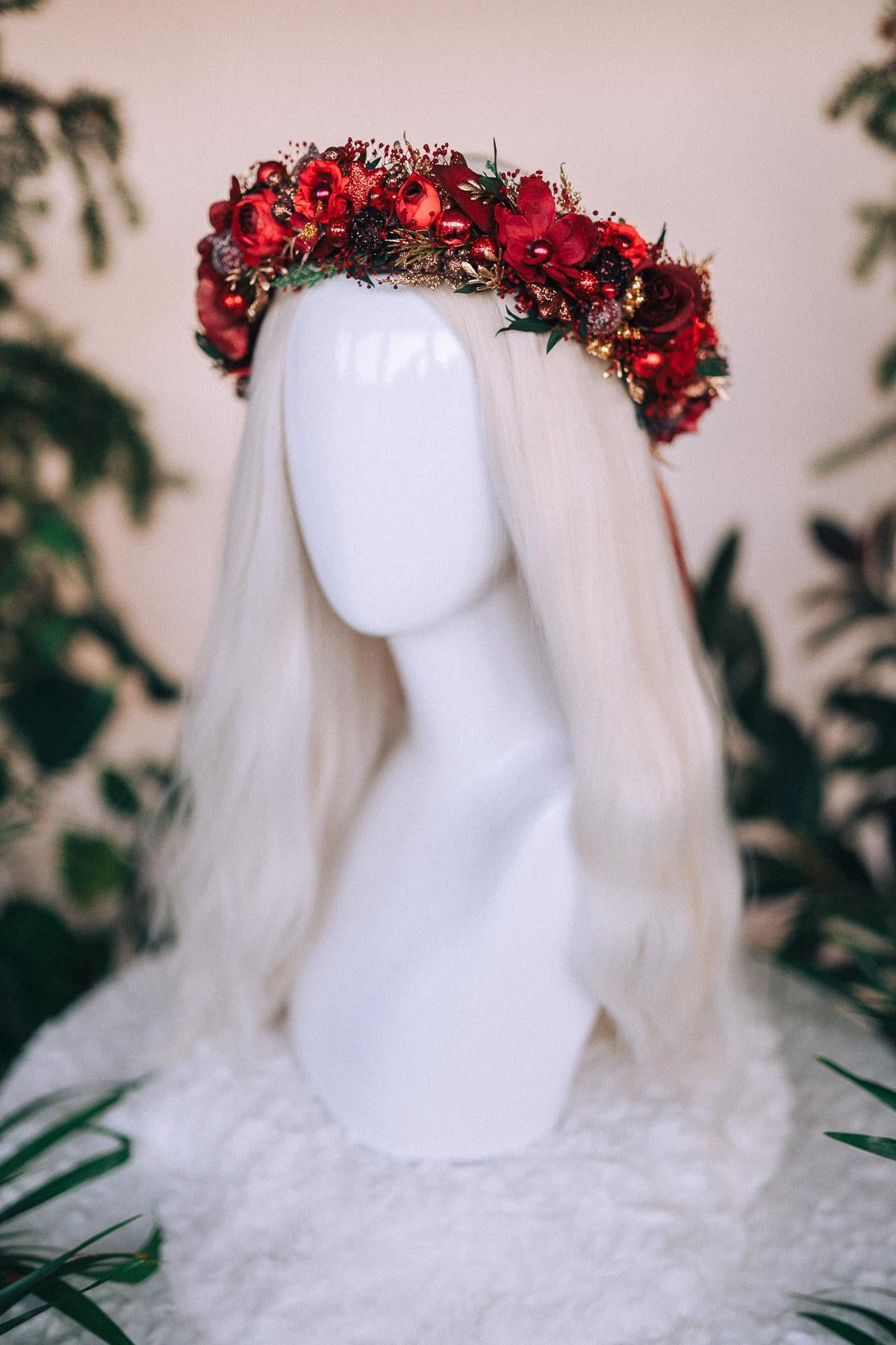 Christmas headband, Christmas party headband, Christmas flower crown, Merry Christmas, Christmas hair wreath, Burgundy flower crown, Boho