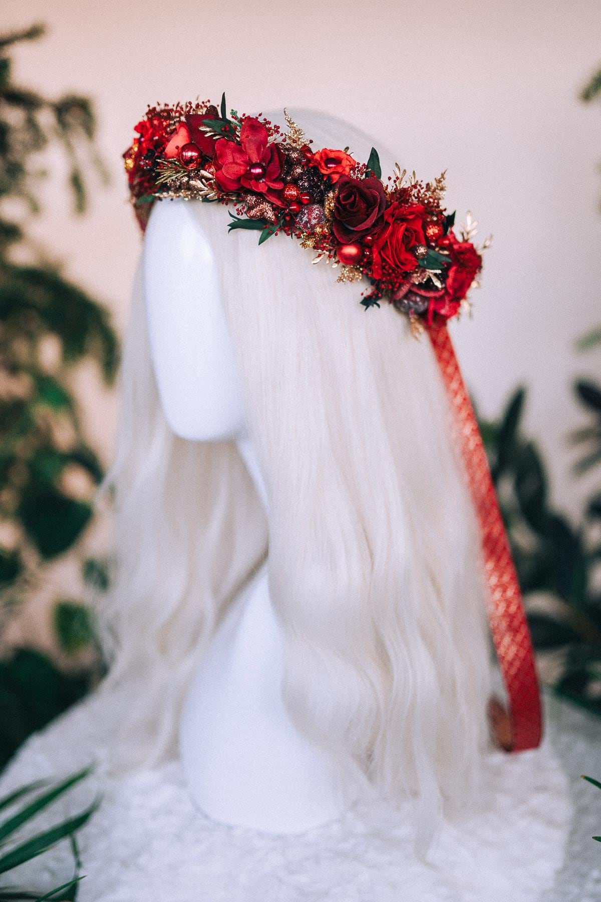 Christmas headband, Christmas party headband, Christmas flower crown, Merry Christmas, Christmas hair wreath, Burgundy flower crown, Boho