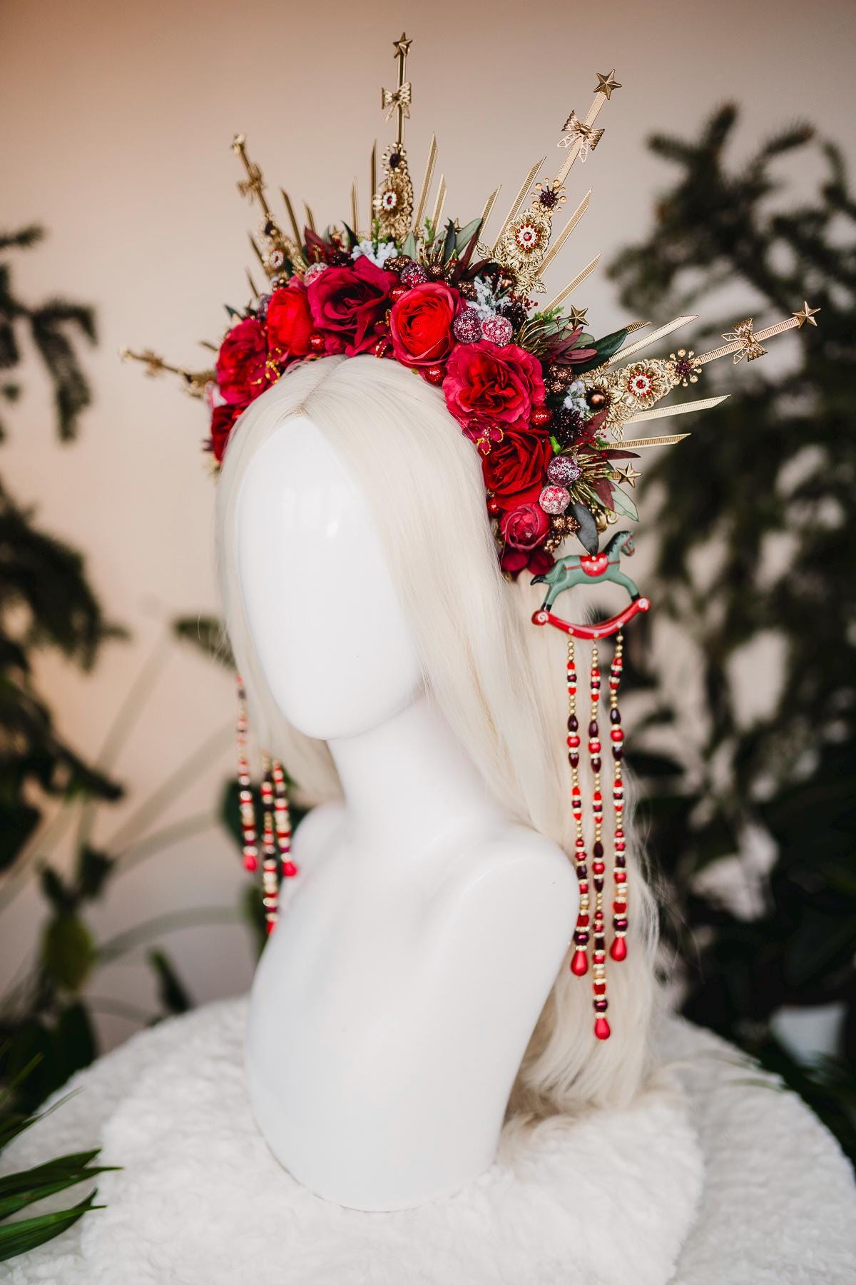 Red Christmas headband, Christmas flower crown, Flower halo crown, Merry Christmas, Gold halo crown, Christmas headpiece, Christmas crown