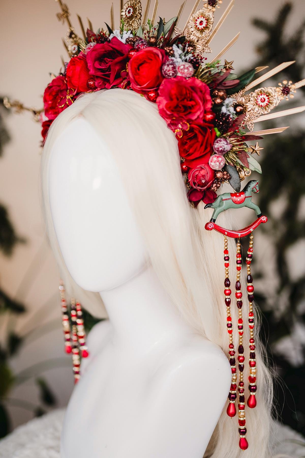 Red Christmas headband, Christmas flower crown, Flower halo crown, Merry Christmas, Gold halo crown, Christmas headpiece, Christmas crown