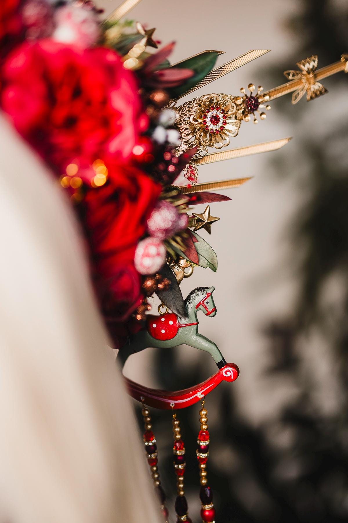 Red Christmas headband, Christmas flower crown, Flower halo crown, Merry Christmas, Gold halo crown, Christmas headpiece, Christmas crown