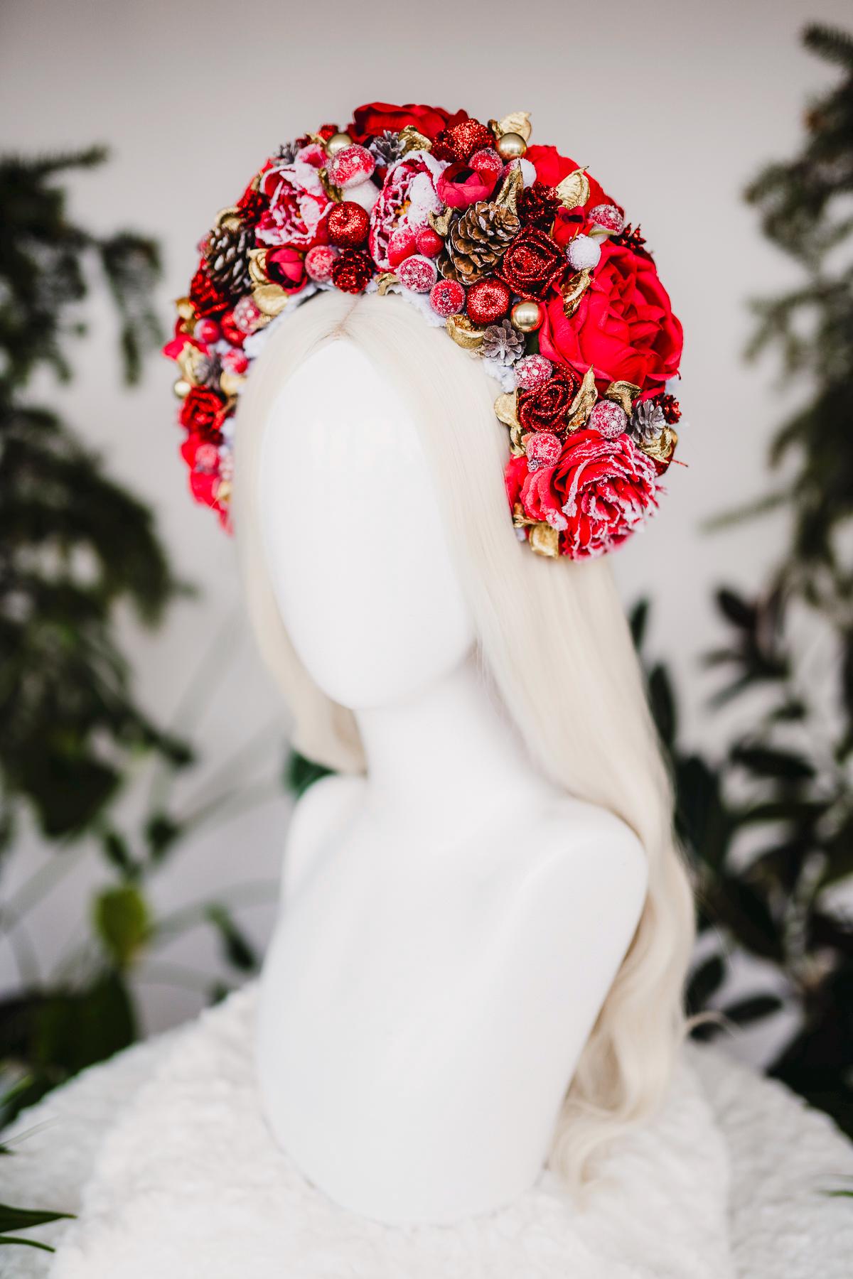 Red Christmas headband, Christmas party headband, Christmas flower crown, Winter wedding, Christmas headband, Red flower crown, Yule crown