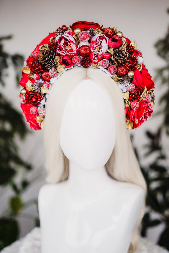 Red Christmas headband, Christmas party headband, Christmas flower crown, Winter wedding, Christmas headband, Red flower crown, Yule crown