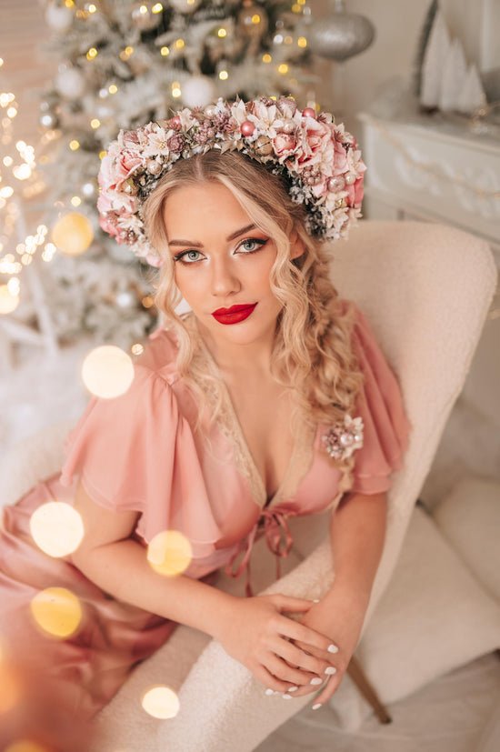 Christmas headband, Christmas party headband, Winter wedding flower crown, Yule crown, Pink winter hair wreath, Pink flower crown