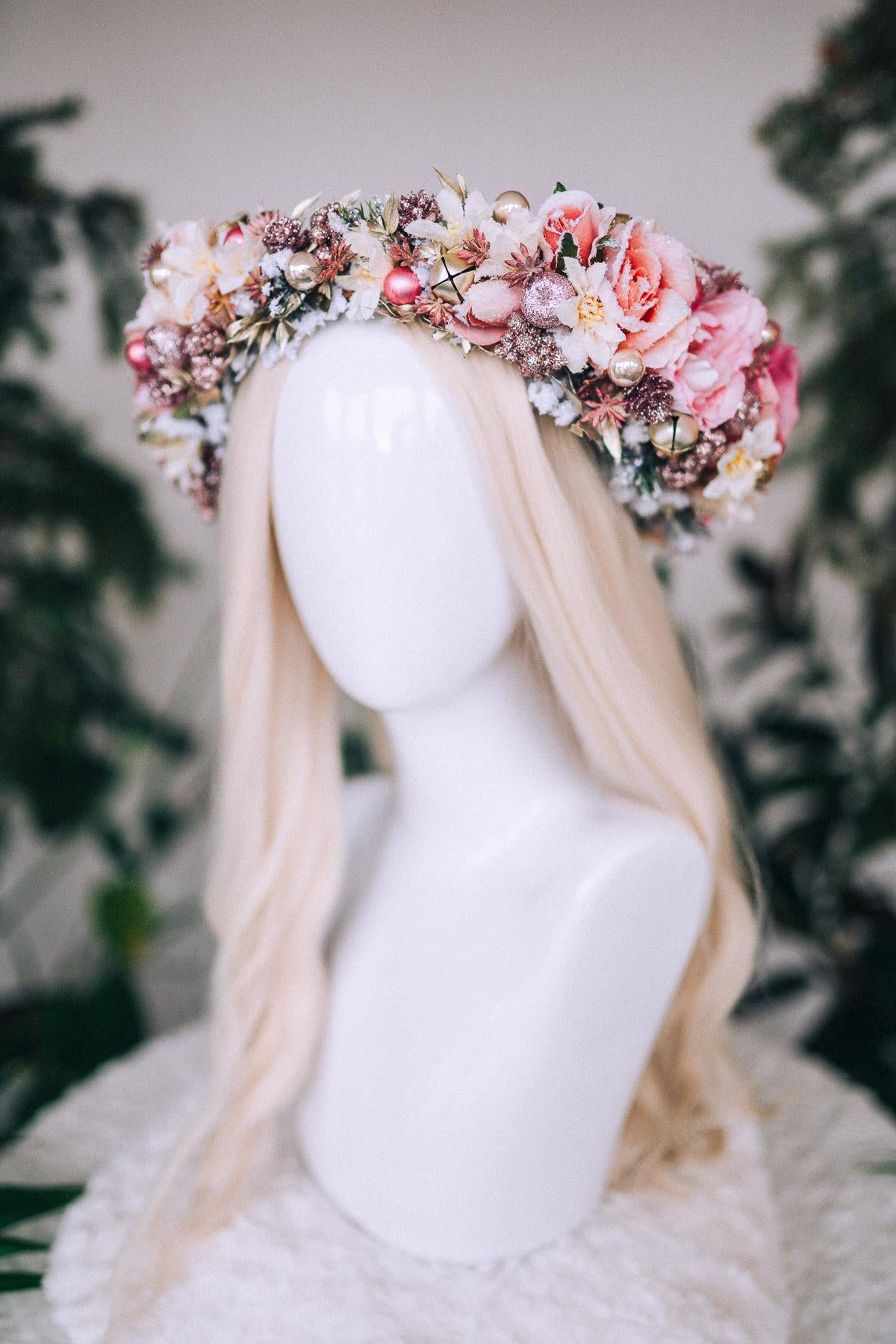 Christmas headband, Christmas party headband, Winter wedding flower crown, Yule crown, Pink winter hair wreath, Pink flower crown