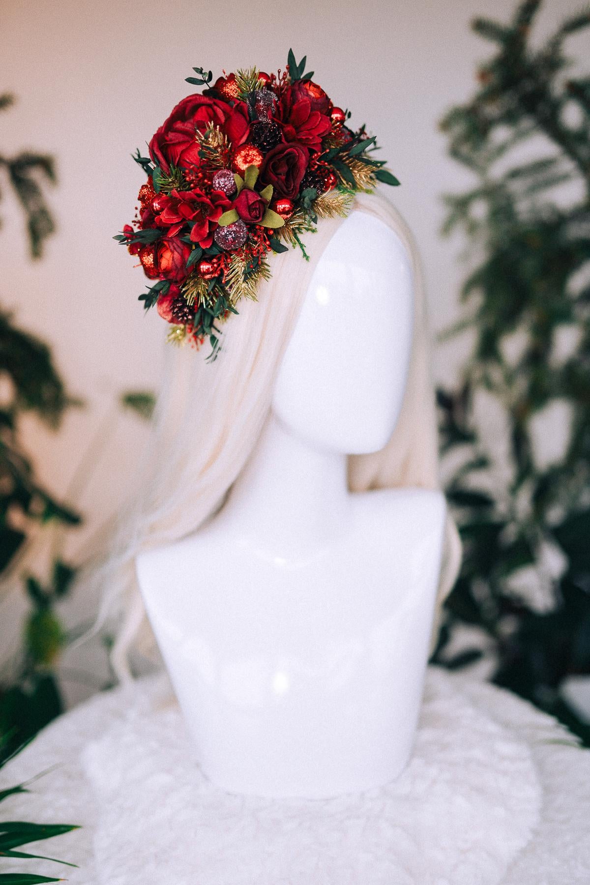 Burgundy winter crown, Christmas party headband, Christmas flower crown, Winter wedding, Red flower crown, Yule crown, Winter flower crown