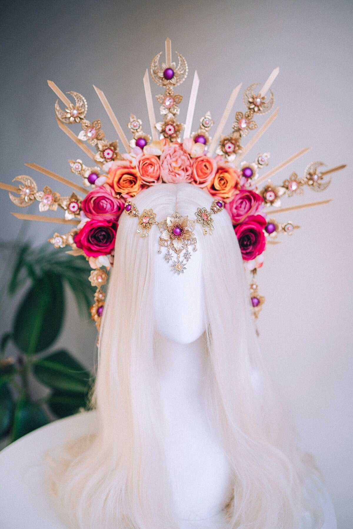 Flower halo crown, Pink flower crown, Goddess halo crown, Bridal flower crown, Wedding crown, Gold crown, Hair accessories, Fairy crown