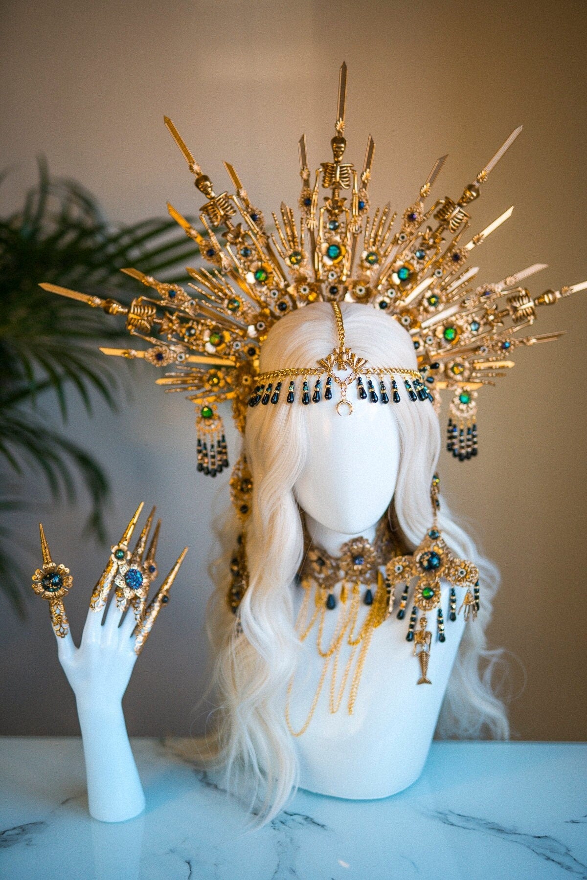 Sugar Skull Crown, Dead Mermaid Halloween Halo Crown, Halo Headpiece, Halo Headband, Halo Headlights, Gold Halo