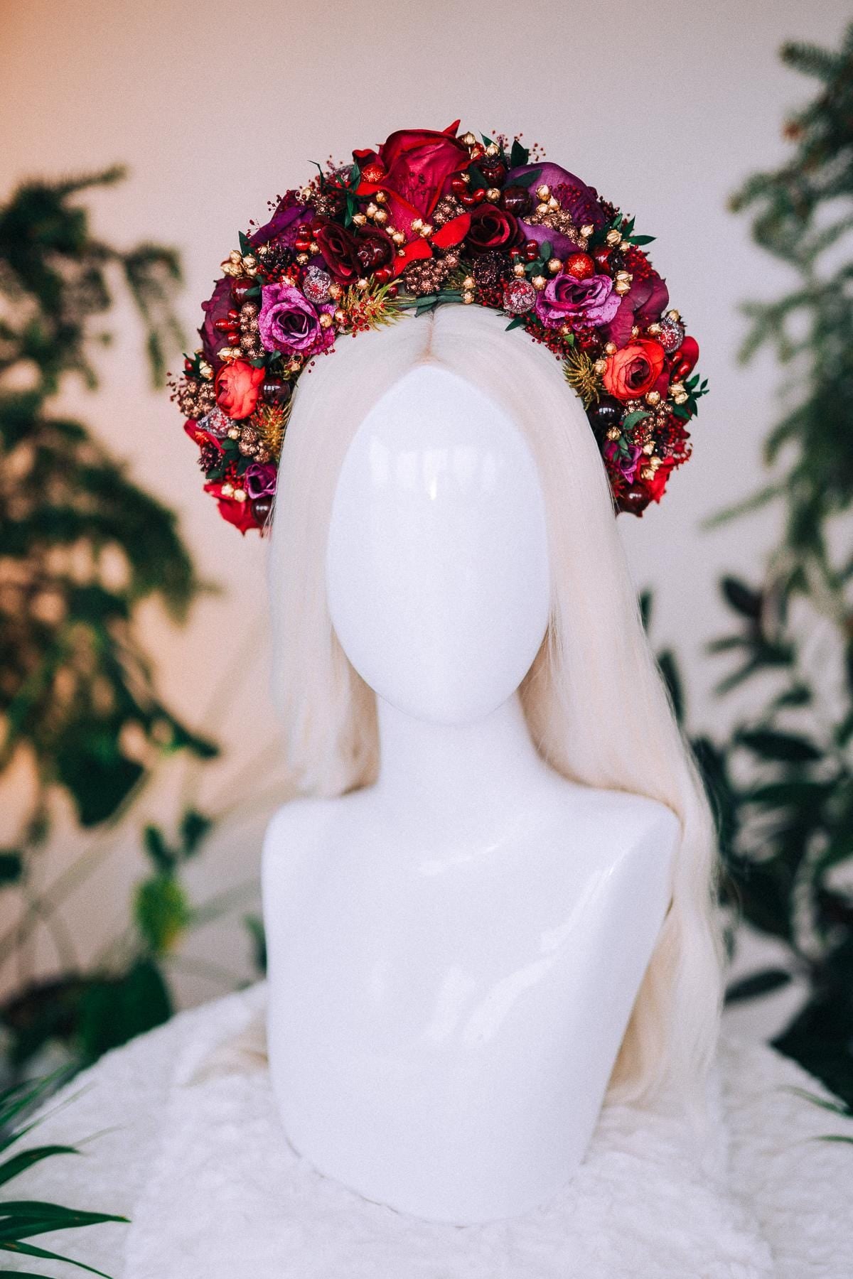 Burgundy flower crown, Winter wedding crown, Christmas party headband, Christmas flower crown, Christmas headband, Red flower crown