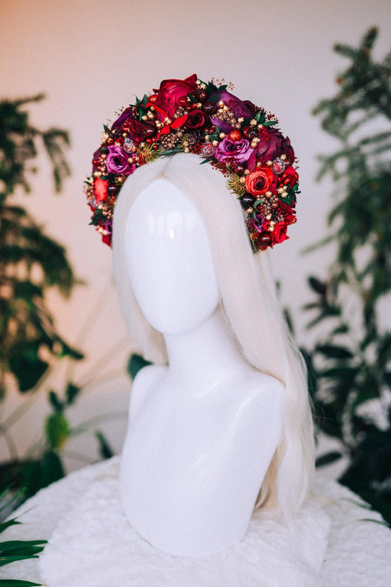 Burgundy flower crown, Winter wedding crown, Christmas party headband, Christmas flower crown, Christmas headband, Red flower crown