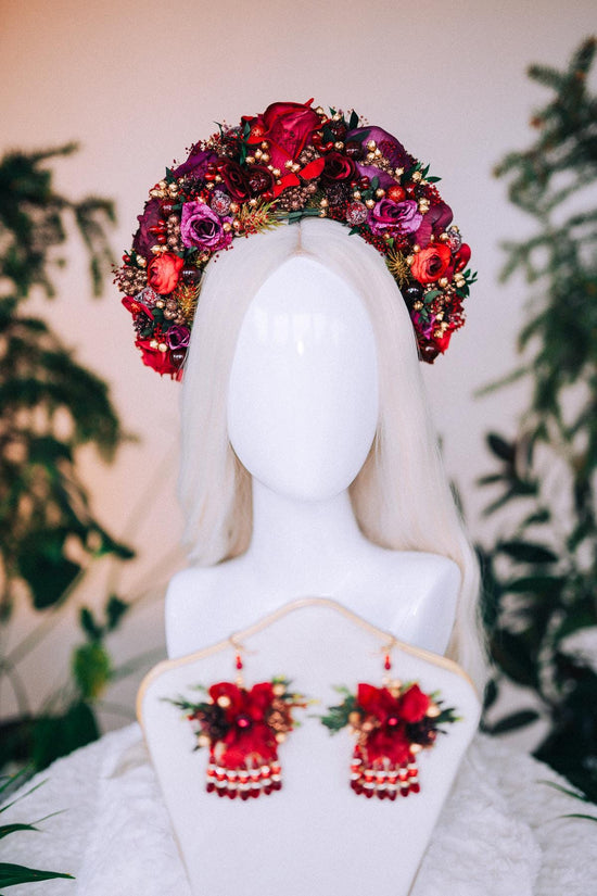 Burgundy flower crown, Winter wedding crown, Christmas party headband, Christmas flower crown, Christmas headband, Red flower crown