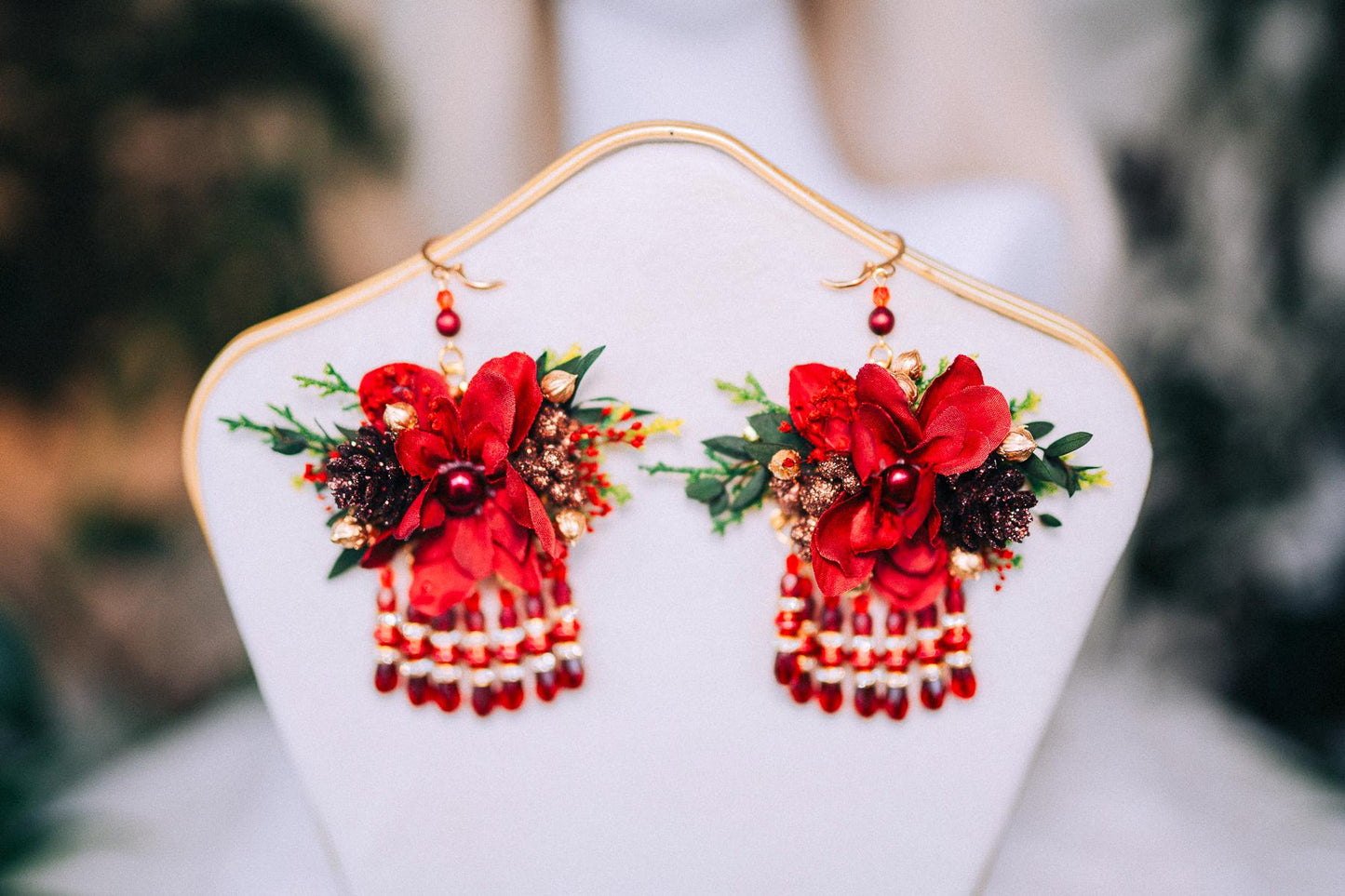 Red Christmas party earrings, Winter photo pops, Romantic flower earrings, Flower earrings, Wedding jewelry, Bridal earrings, Winter photo