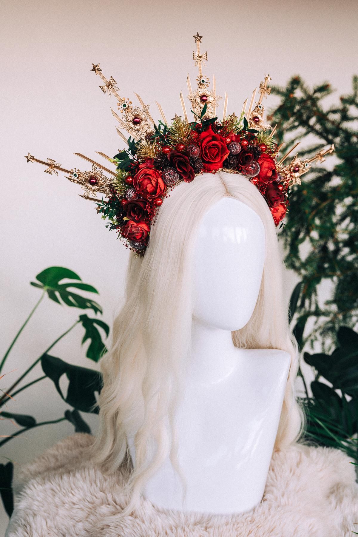 Red Christmas headband, Christmas flower crown, Flower halo crown, Merry Christmas, Gold halo crown, Christmas headpiece, Christmas crown