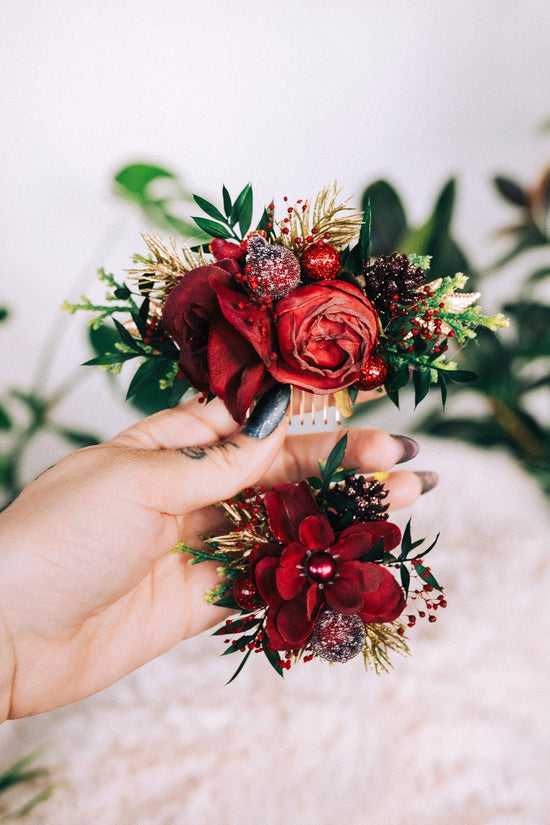 Burgundy winter flower crown, Flower halo crown, Winter wedding crown, Gold halo crown, Burgundy flower crown, Christmas bridal crown