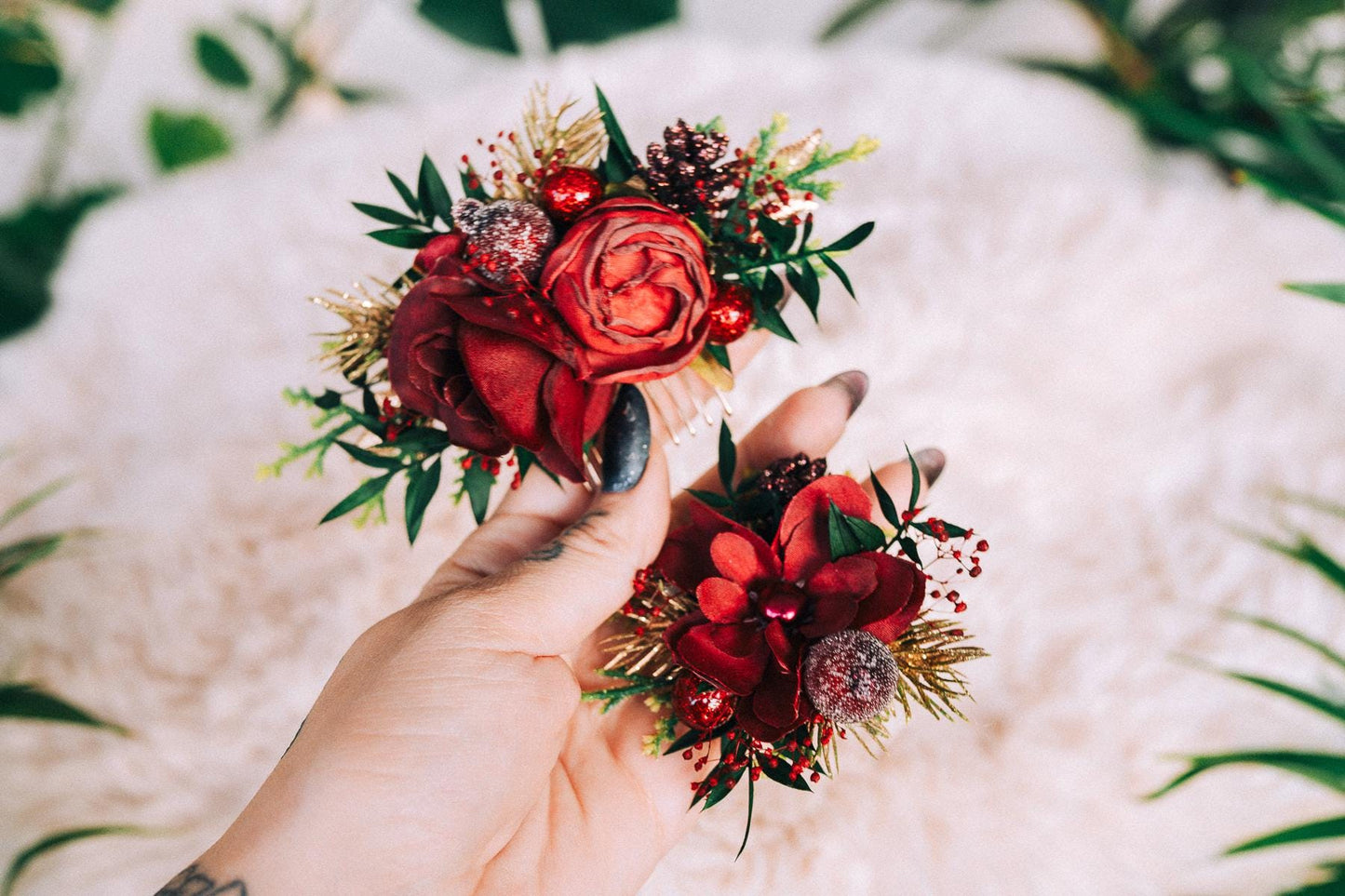 Burgundy winter flower crown, Flower halo crown, Winter wedding crown, Gold halo crown, Burgundy flower crown, Christmas bridal crown