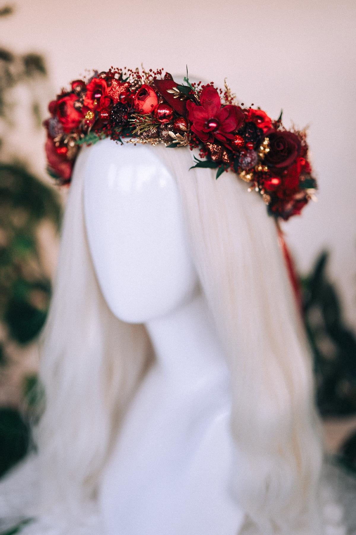 Christmas headband, Christmas party headband, Christmas flower crown, Merry Christmas, Christmas hair wreath, Burgundy flower crown, Boho