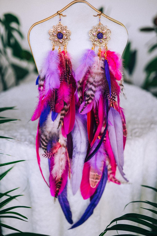 Carnival Feather Crown and Earrings Set, Boho Festival Headpiece, Feather and Gemstone Costume Accessories, Showgirl Crown and Earrings