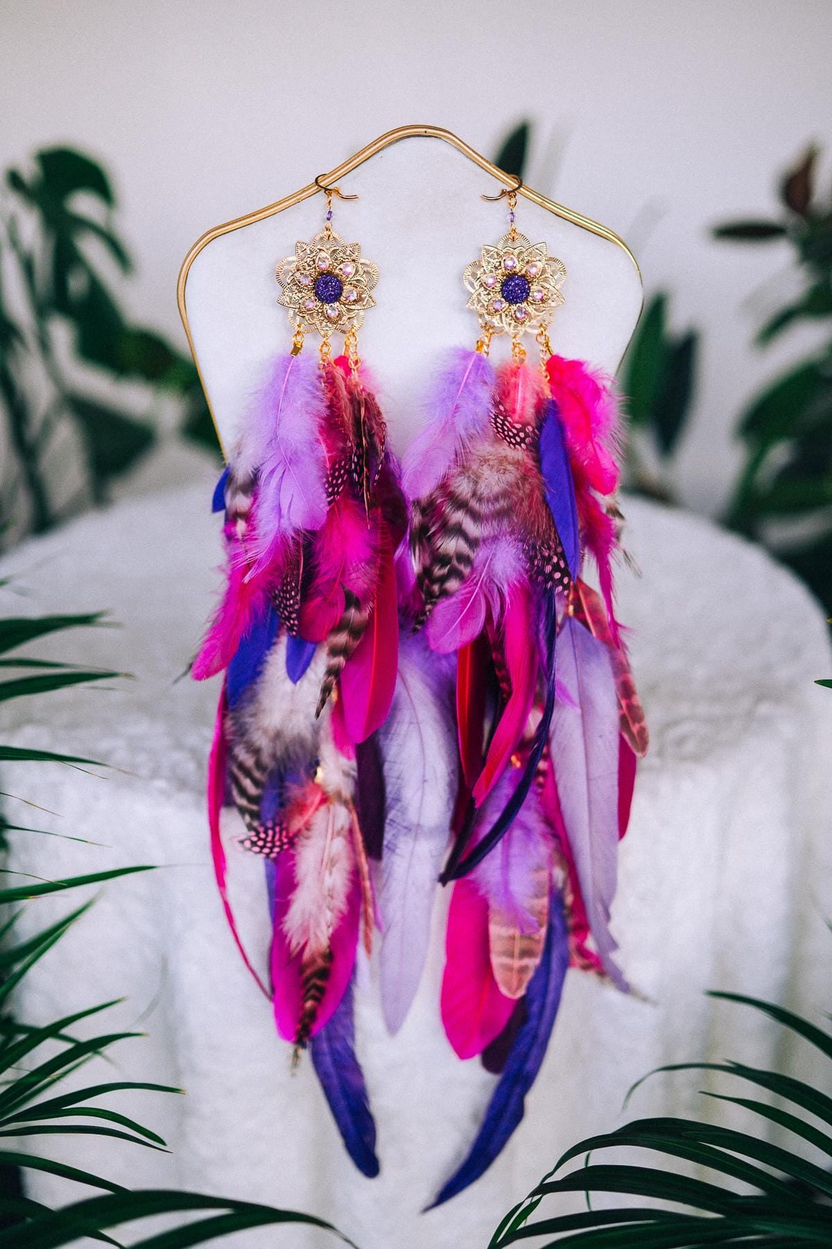 Carnival Feather Earrings, Pink and Purple Festival Jewelry, Gemstone Costume Earrings, Boho Showgirl Earrings, Statement Party Earrings