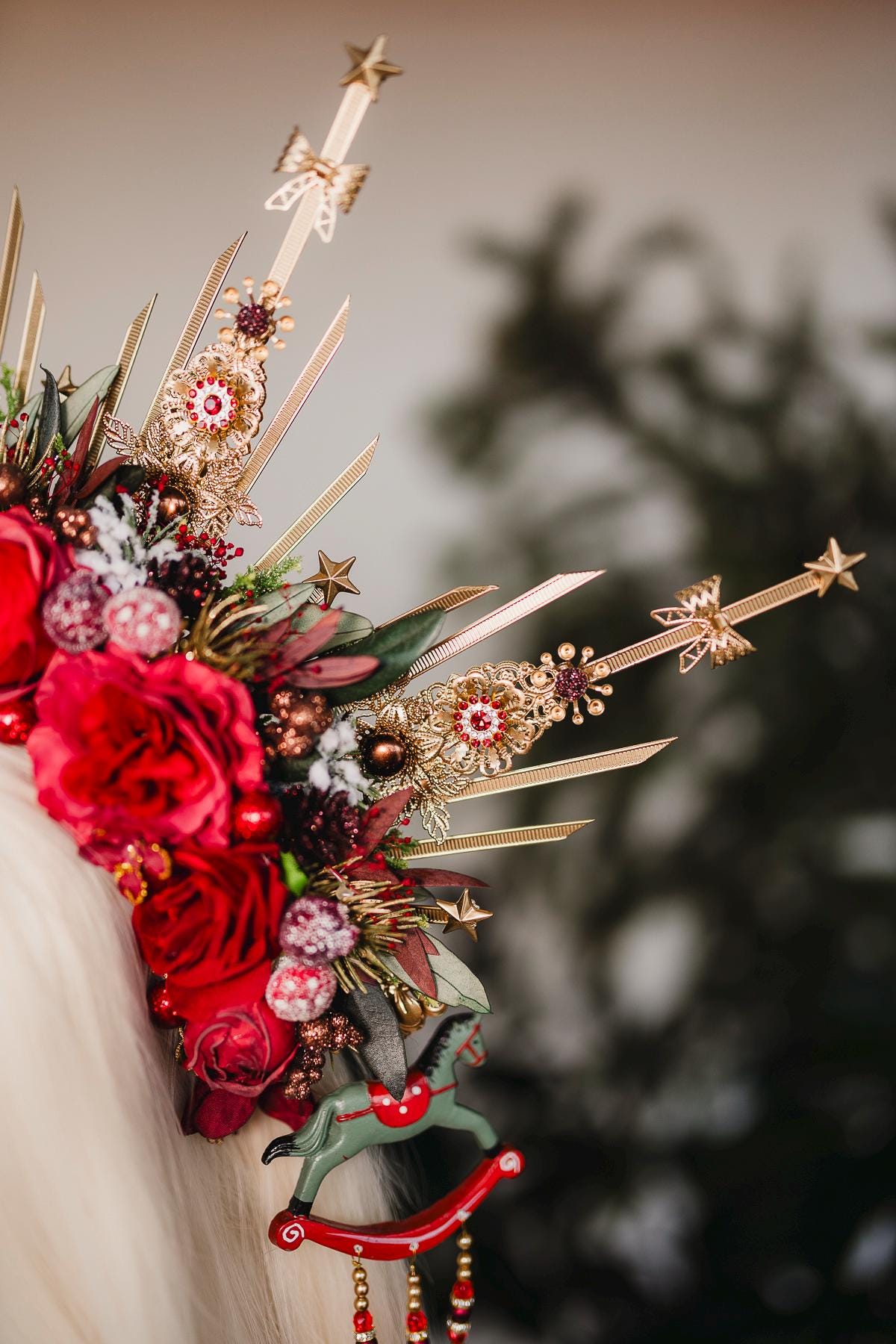 Red Christmas headband, Christmas flower crown, Flower halo crown, Merry Christmas, Gold halo crown, Christmas headpiece, Christmas crown