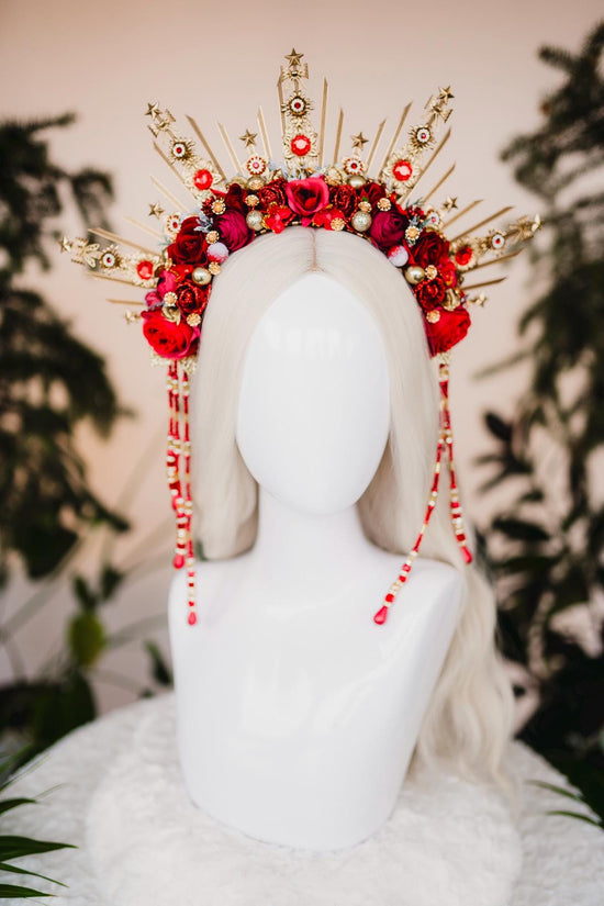 Red Christmas headband, Christmas flower crown, Flower halo crown, Merry Christmas, Gold halo crown, Christmas headpiece, Christmas crown