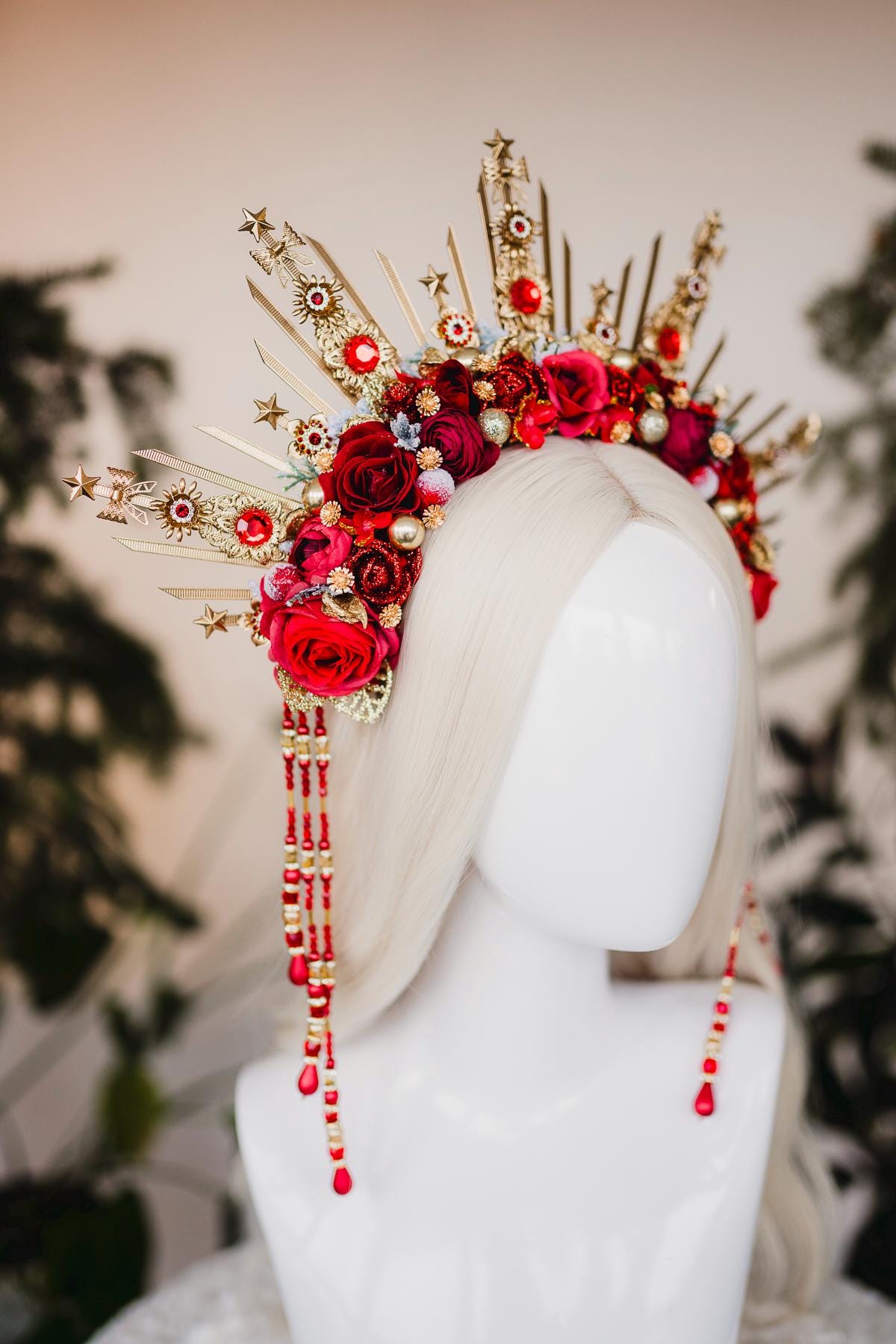 Red Christmas headband, Christmas flower crown, Flower halo crown, Merry Christmas, Gold halo crown, Christmas headpiece, Christmas crown