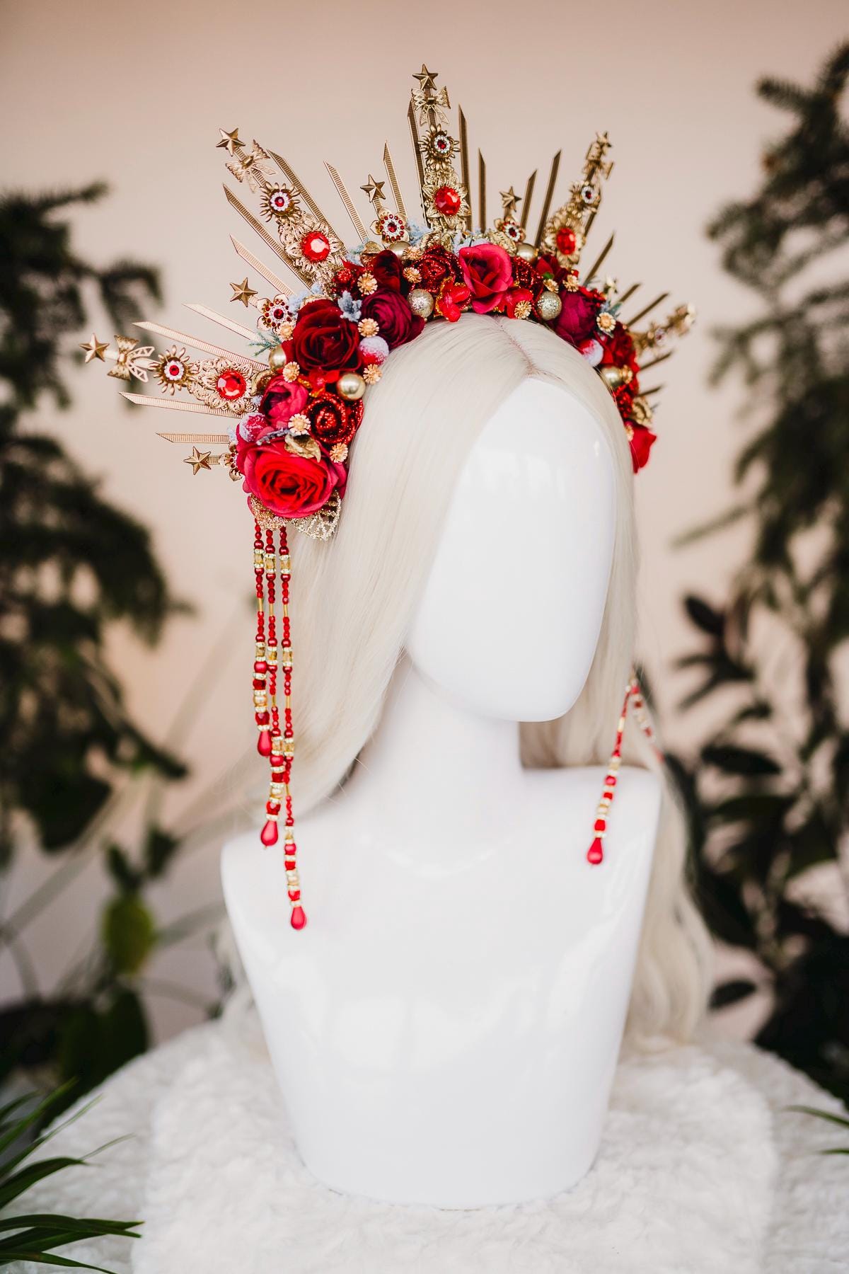 Red Christmas headband, Christmas flower crown, Flower halo crown, Merry Christmas, Gold halo crown, Christmas headpiece, Christmas crown