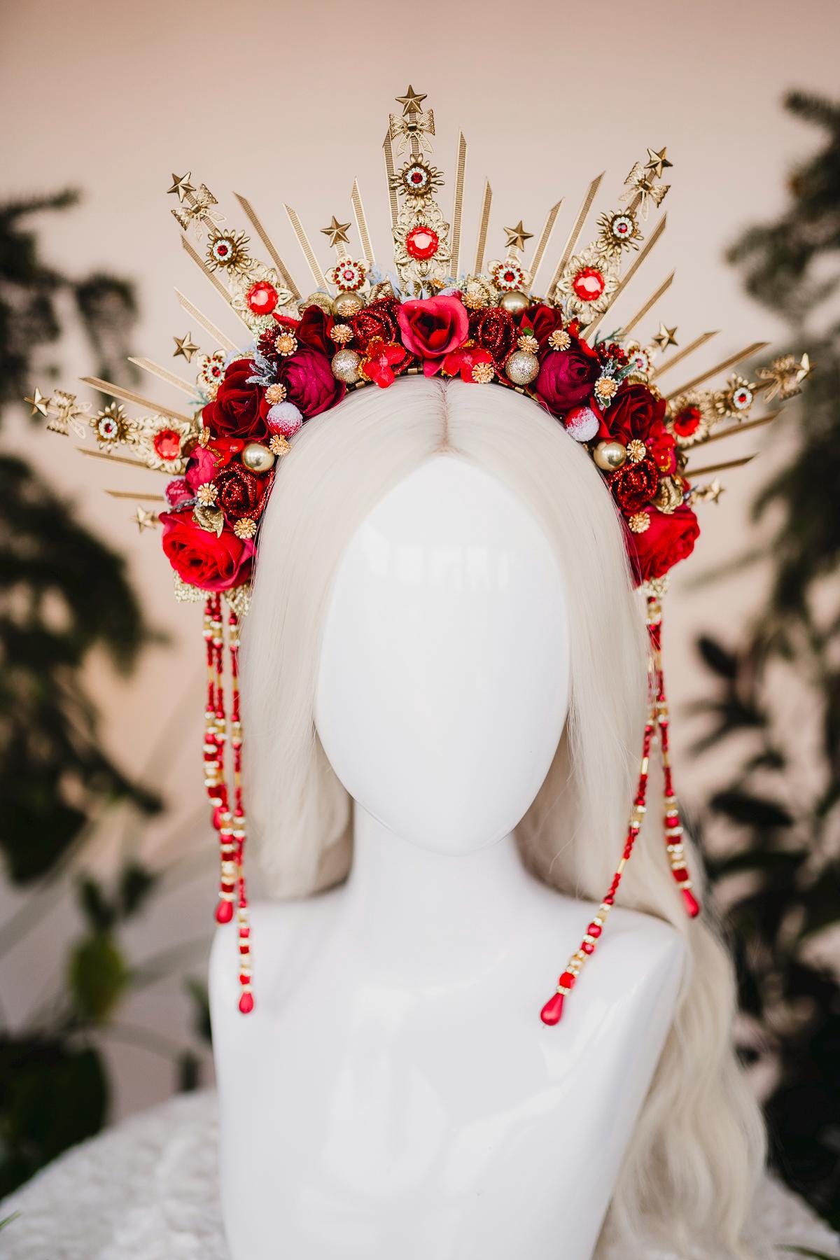 Red Christmas headband, Christmas flower crown, Flower halo crown, Merry Christmas, Gold halo crown, Christmas headpiece, Christmas crown