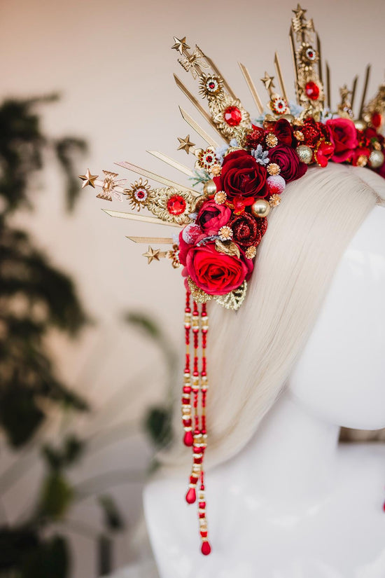 Red Christmas headband, Christmas flower crown, Flower halo crown, Merry Christmas, Gold halo crown, Christmas headpiece, Christmas crown