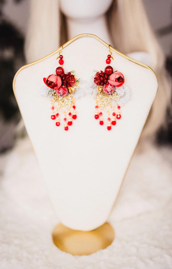 Red Christmas party earrings, Winter photo pops, Romantic flower earrings, Flower earrings, Wedding jewelry, Bridal earrings, Winter photo