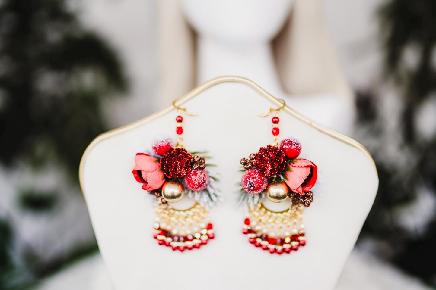 Red Christmas party earrings, Winter photo pops, Romantic flower earrings, Flower earrings, Wedding jewelry, Bridal earrings, Winter photo