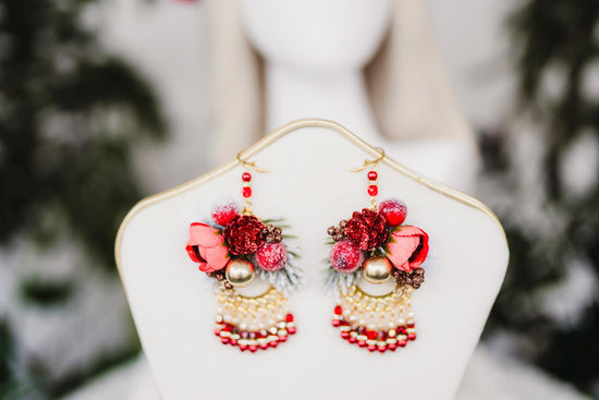 Red Christmas party earrings, Winter photo pops, Romantic flower earrings, Flower earrings, Wedding jewelry, Bridal earrings, Winter photo