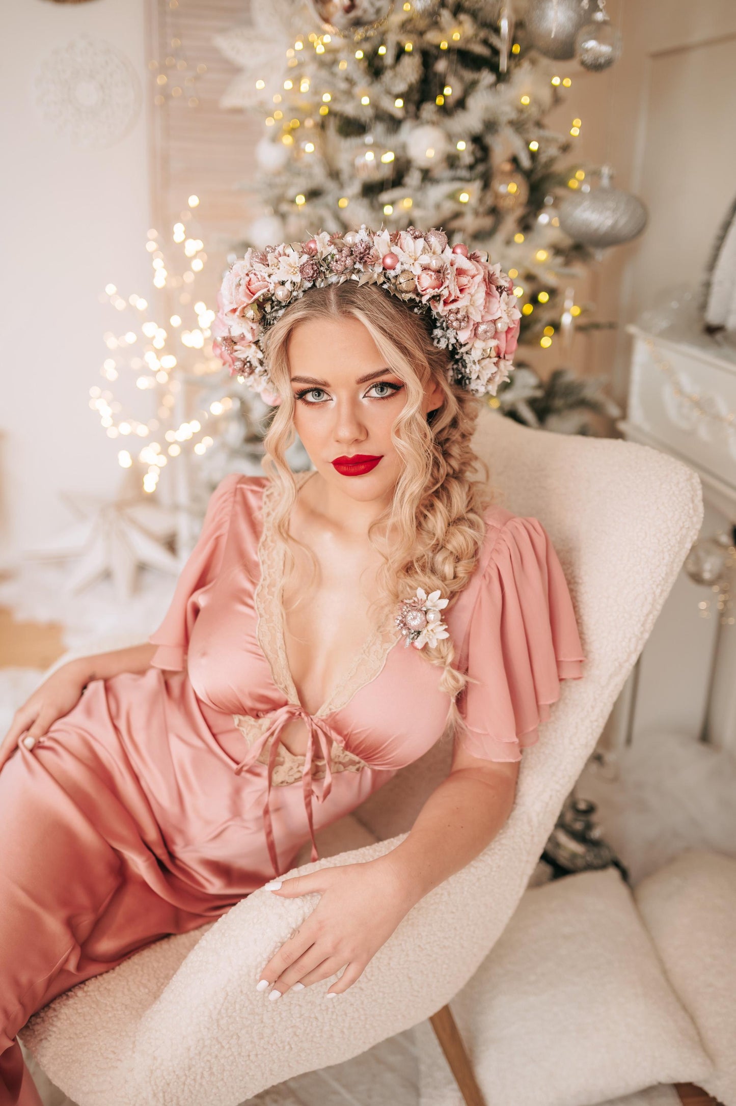 Christmas headband, Christmas party headband, Winter wedding flower crown, Yule crown, Pink winter hair wreath, Pink flower crown