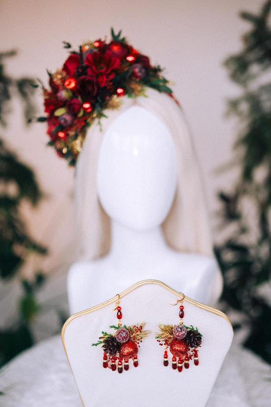 Burgundy winter flower earrings, Winter wedding, Burgundy flower earrings, Flower earrings, Bridal earrings, Winter wedding flower crown